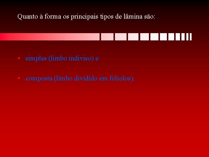 Quanto à forma os principais tipos de lâmina são: • simples (limbo indiviso) e