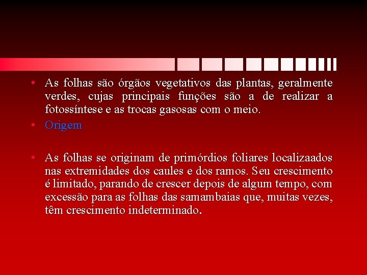  • As folhas são órgãos vegetativos das plantas, geralmente verdes, cujas principais funções