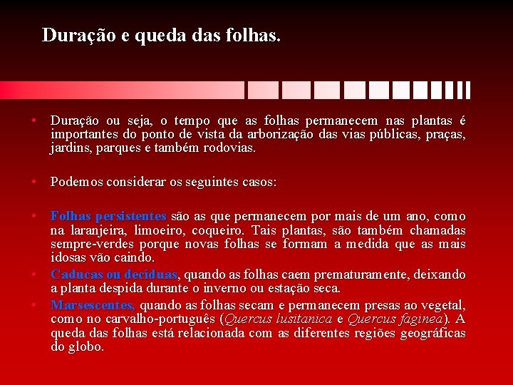 Duração e queda das folhas. • Duração ou seja, o tempo que as folhas