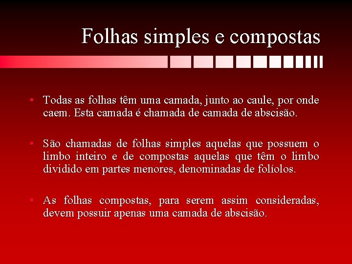 Folhas simples e compostas • Todas as folhas têm uma camada, junto ao caule,