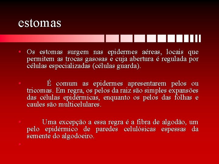 estomas • Os estomas surgem nas epidermes aéreas, locais que permitem as trocas gasosas