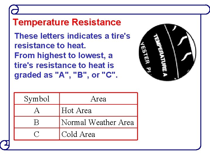 Temperature Resistance These letters indicates a tire's resistance to heat. From highest to lowest,