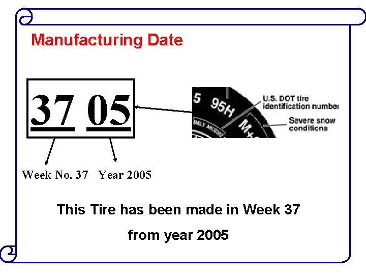 Manufacturing Date 37 05 Week No. 37 Year 2005 This Tire has been made