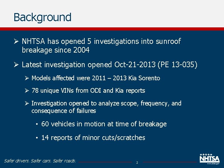 Background Ø NHTSA has opened 5 investigations into sunroof breakage since 2004 Ø Latest