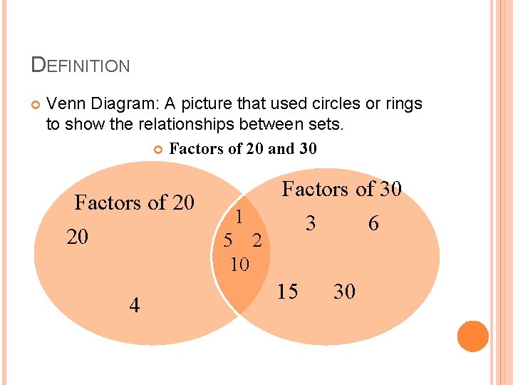 DEFINITION Venn Diagram: A picture that used circles or rings to show the relationships