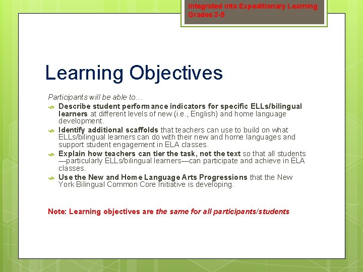 Integrated into Expeditionary Learning Grades 3 -5 Learning Objectives Participants will be able to…