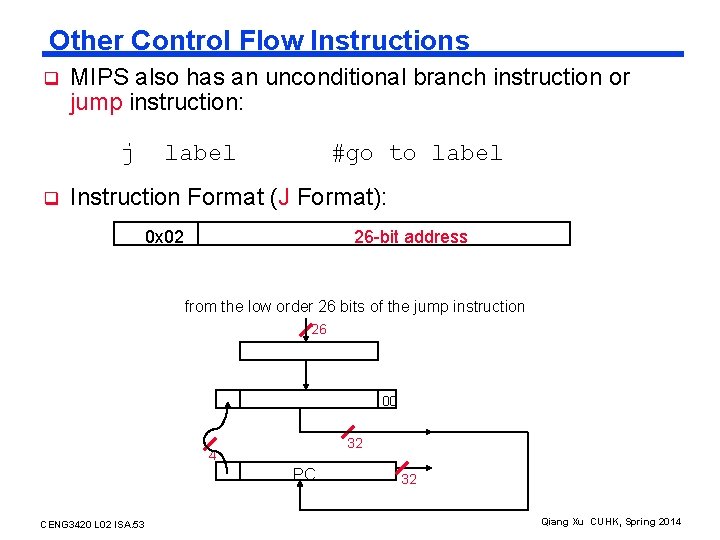 Other Control Flow Instructions q MIPS also has an unconditional branch instruction or jump