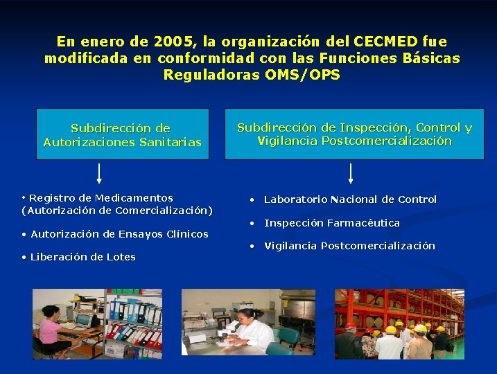 En enero de 2005, la organización del CECMED fue modificada en conformidad con las