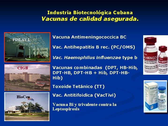 Industria Biotecnológica Cubana Vacunas de calidad asegurada. FINLAY I. Vacuna Antimeningococcica BC Vac. Antihepatitis