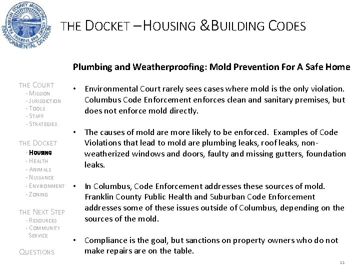 THE DOCKET – HOUSING &BUILDING CODES Plumbing and Weatherproofing: Mold Prevention For A Safe