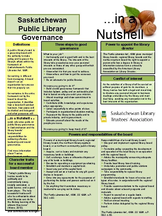 Saskatchewan Public Library Governance Definitions A public library board is a governing board with