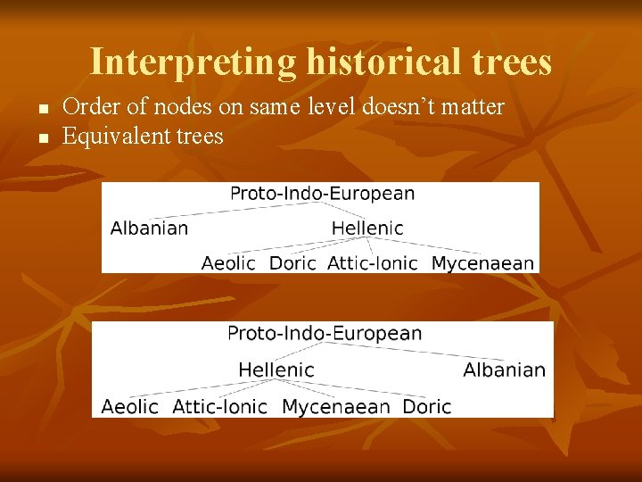 Interpreting historical trees n n Order of nodes on same level doesn’t matter Equivalent