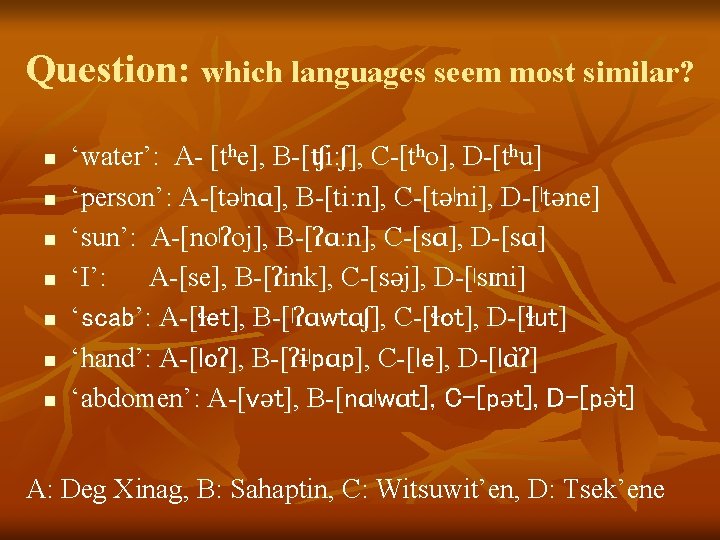 Question: which languages seem most similar? n n n n ‘water’: A- [the], B-[ʧi: