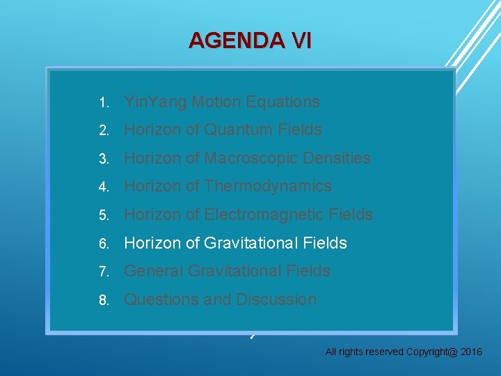 AGENDA VI 1. Yin. Yang Motion Equations 2. Horizon of Quantum Fields 3. Horizon