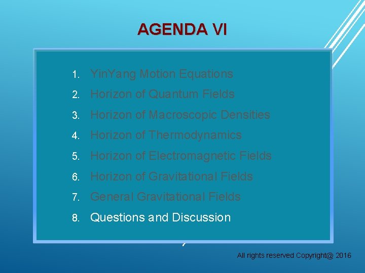 AGENDA VI 1. Yin. Yang Motion Equations 2. Horizon of Quantum Fields 3. Horizon