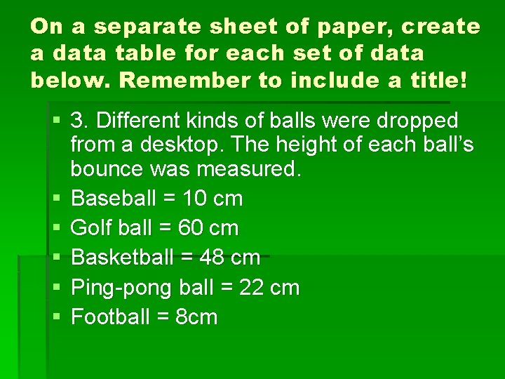 On a separate sheet of paper, create a data table for each set of