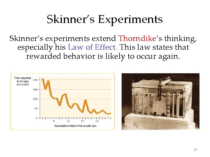 Skinner’s Experiments Skinner’s experiments extend Thorndike’s thinking, especially his Law of Effect. This law