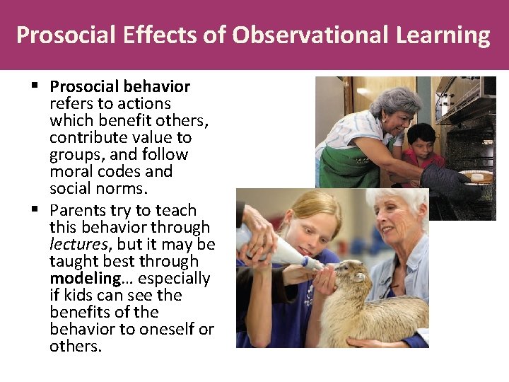 Prosocial Effects of Observational Learning § Prosocial behavior refers to actions which benefit others,