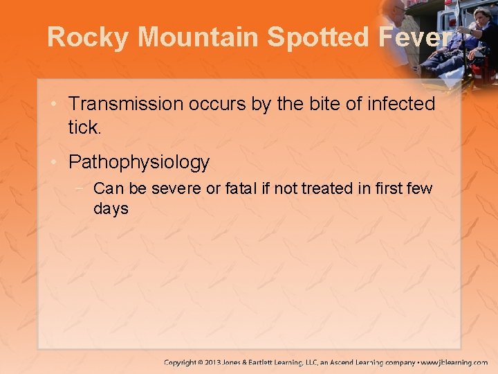 Rocky Mountain Spotted Fever • Transmission occurs by the bite of infected tick. •