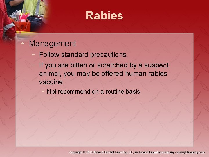 Rabies • Management − Follow standard precautions. − If you are bitten or scratched