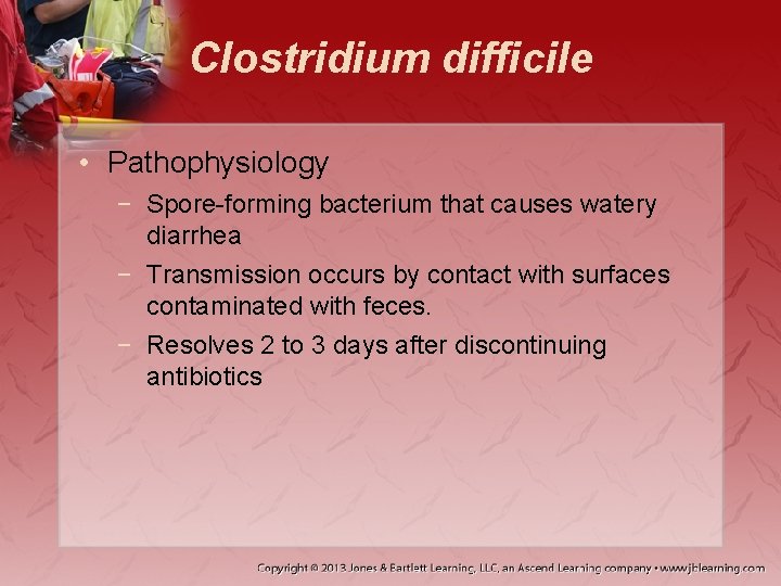 Clostridium difficile • Pathophysiology − Spore-forming bacterium that causes watery diarrhea − Transmission occurs