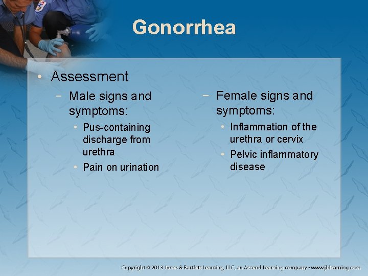 Gonorrhea • Assessment − Male signs and symptoms: • Pus-containing discharge from urethra •