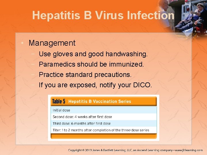 Hepatitis B Virus Infection • Management − − Use gloves and good handwashing. Paramedics