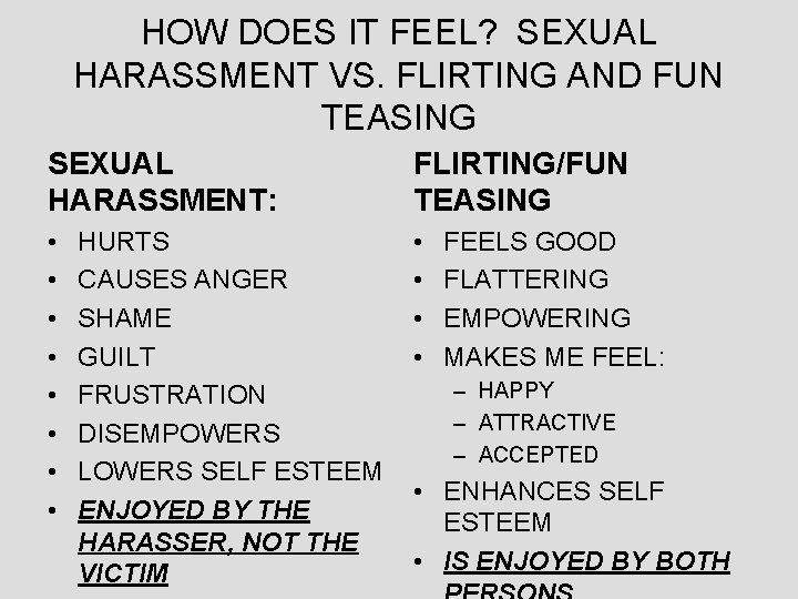 HOW DOES IT FEEL? SEXUAL HARASSMENT VS. FLIRTING AND FUN TEASING SEXUAL HARASSMENT: FLIRTING/FUN