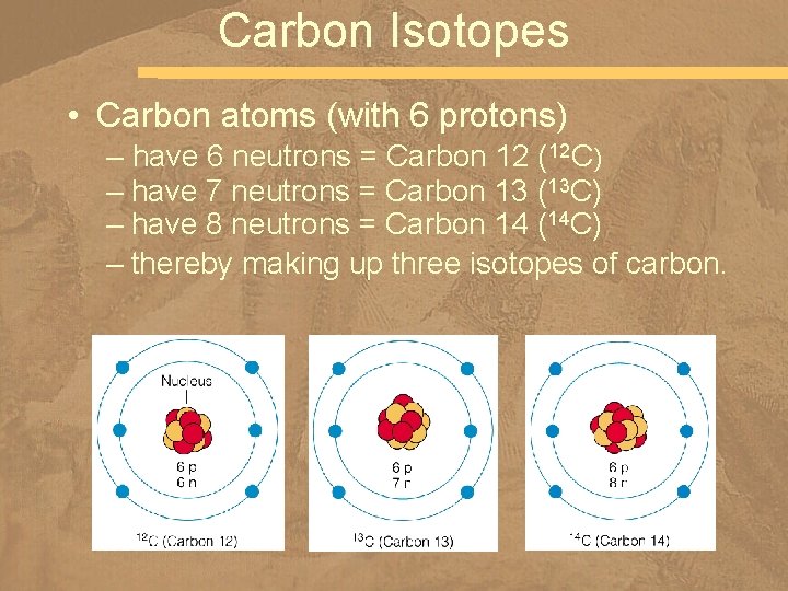 Carbon Isotopes • Carbon atoms (with 6 protons) – have 6 neutrons = Carbon