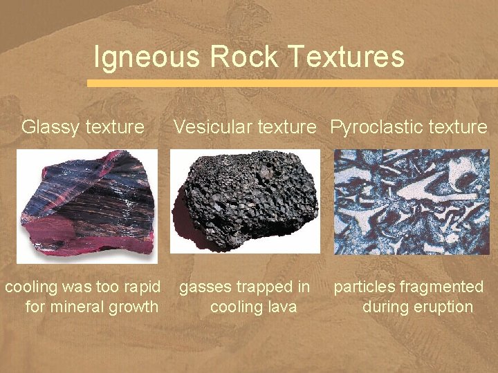 Igneous Rock Textures Glassy texture cooling was too rapid for mineral growth Vesicular texture