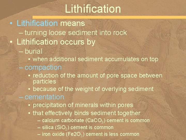 Lithification • Lithification means – turning loose sediment into rock • Lithification occurs by