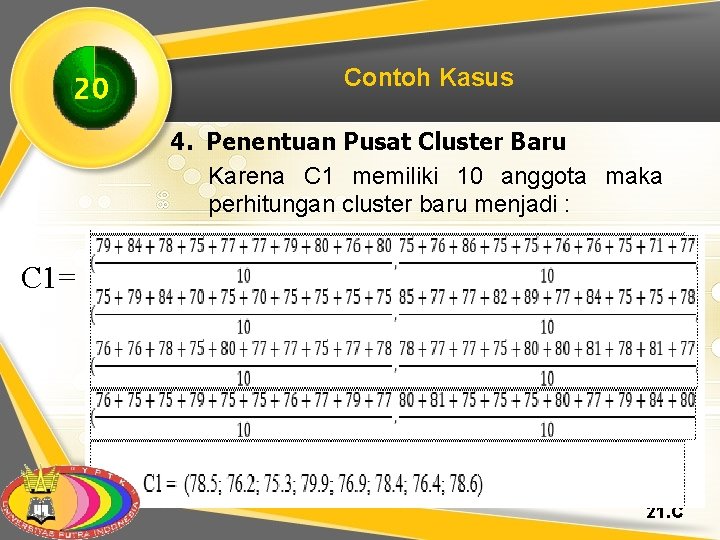 20 Contoh Kasus 4. Penentuan Pusat Cluster Baru Karena C 1 memiliki 10 anggota