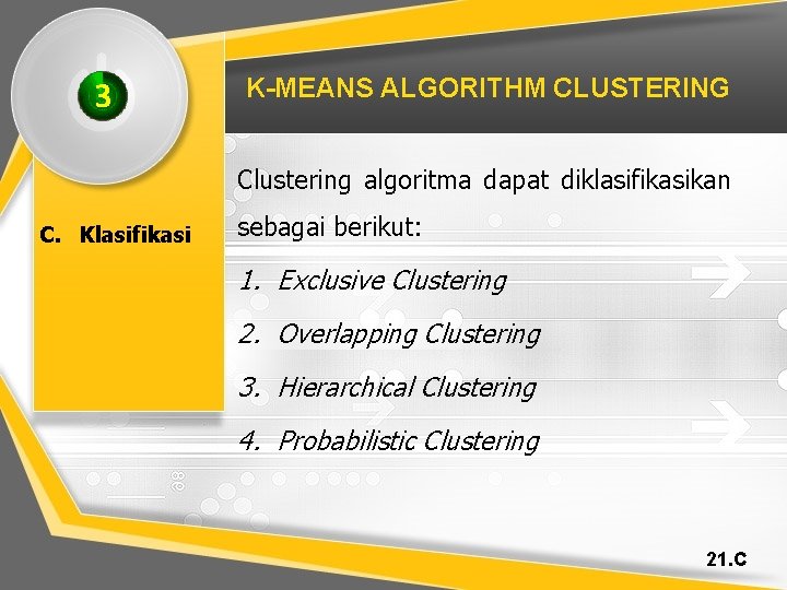 3 K-MEANS ALGORITHM CLUSTERING Clustering algoritma dapat diklasifikasikan C. Klasifikasi sebagai berikut: 1. Exclusive