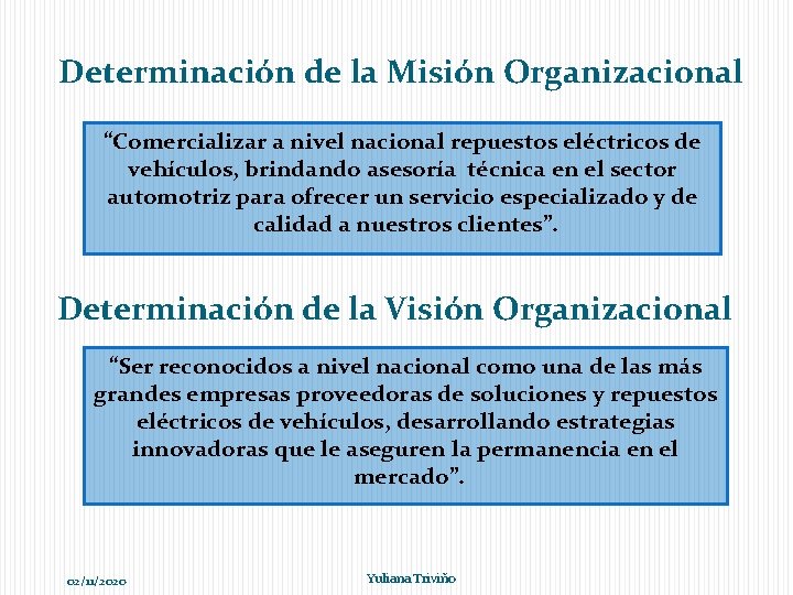 Determinación de la Misión Organizacional “Comercializar a nivel nacional repuestos eléctricos de vehículos, brindando