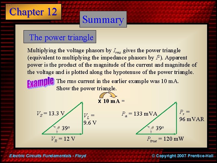 Chapter 12 Summary The power triangle Multiplying the voltage phasors by Irms gives the