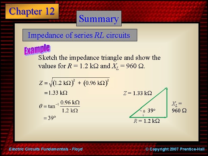 Chapter 12 Summary Impedance of series RL circuits Sketch the impedance triangle and show