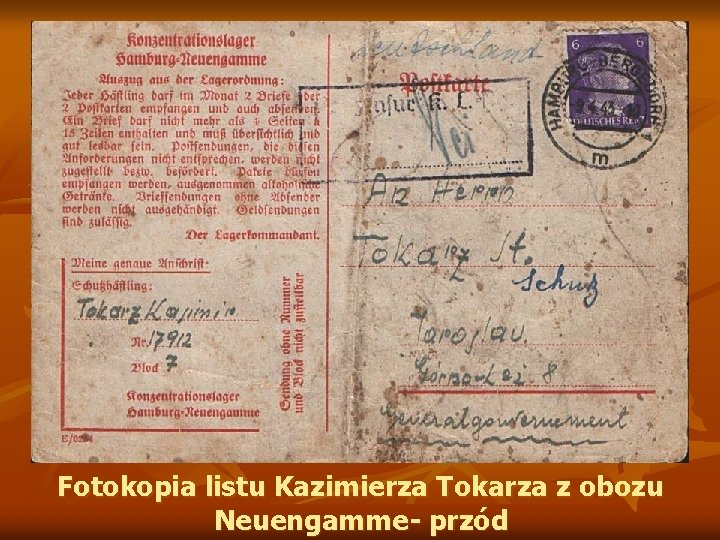 Fotokopia listu Kazimierza Tokarza z obozu Neuengamme- przód 