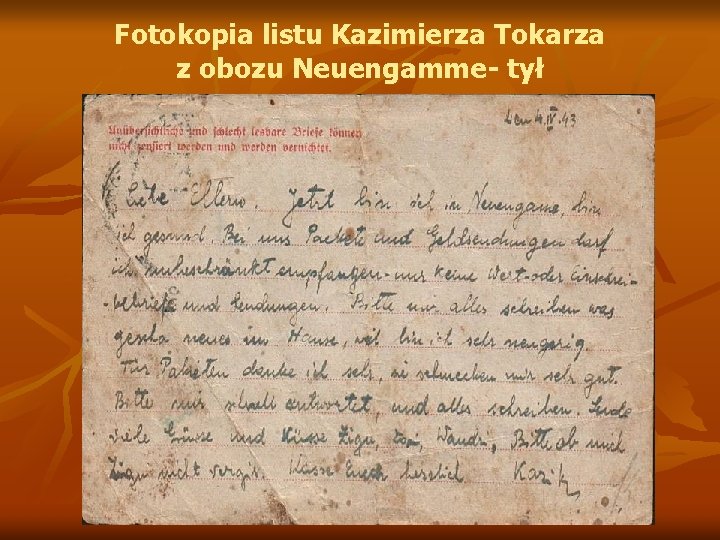Fotokopia listu Kazimierza Tokarza z obozu Neuengamme- tył 