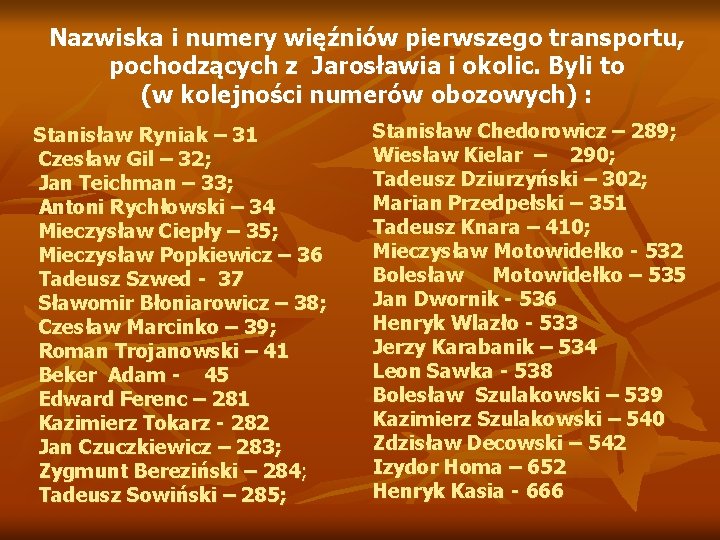 Nazwiska i numery więźniów pierwszego transportu, pochodzących z Jarosławia i okolic. Byli to (w