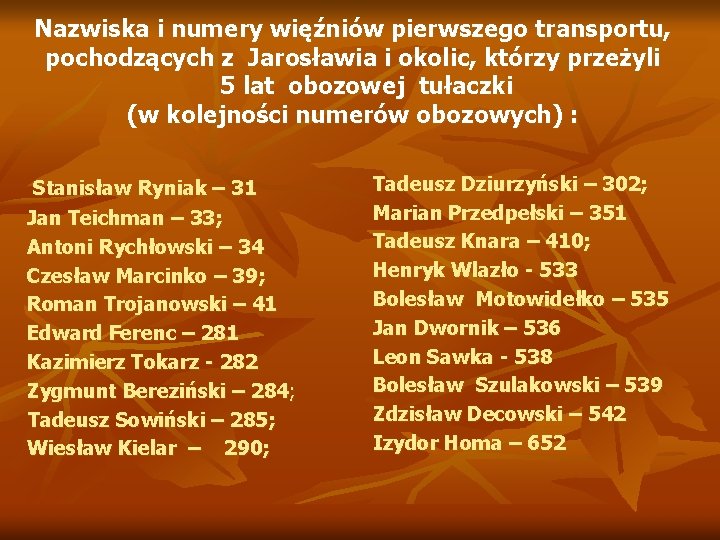Nazwiska i numery więźniów pierwszego transportu, pochodzących z Jarosławia i okolic, którzy przeżyli 5