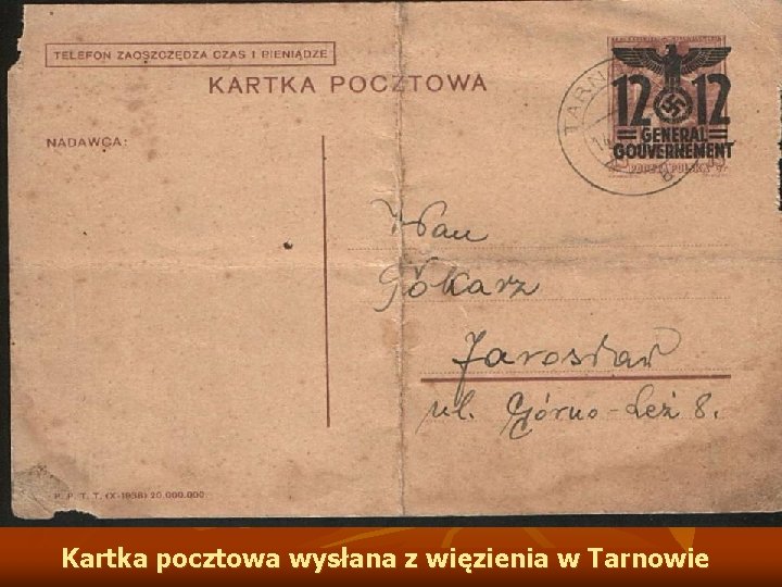Kartka pocztowa wysłana z więzienia w Tarnowie 