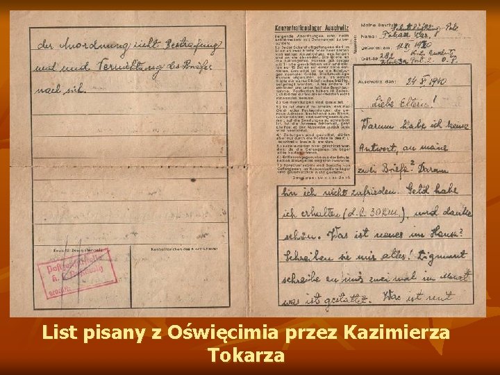 List pisany z Oświęcimia przez Kazimierza Tokarza 