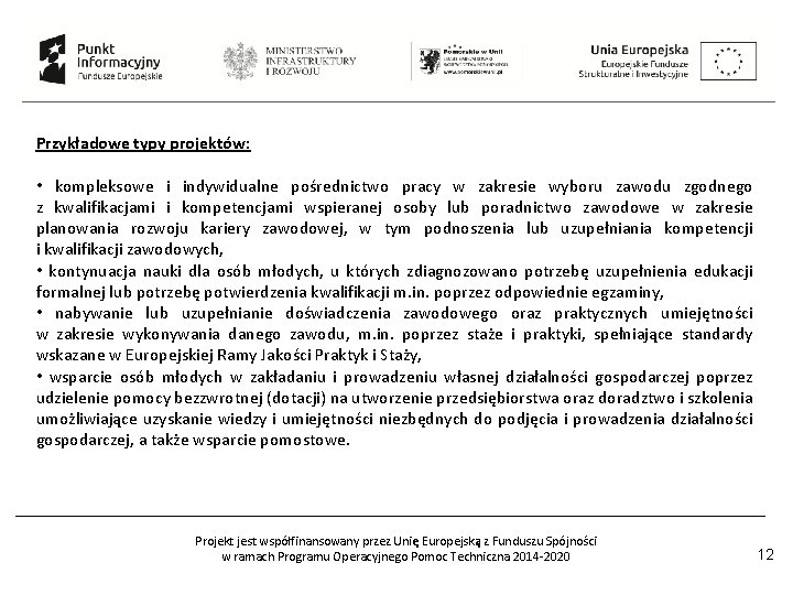 Przykładowe typy projektów: • kompleksowe i indywidualne pośrednictwo pracy w zakresie wyboru zawodu zgodnego