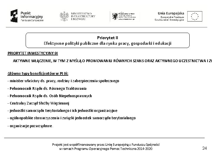 Priorytet II Efektywne polityki publiczne dla rynku pracy, gospodarki i edukacji PRIORYTET INWESTYCYJNY 9 Priorytet II Efektywne polityki publiczne dla rynku pracy, gospodarki i edukacji PRIORYTET INWESTYCYJNY 9