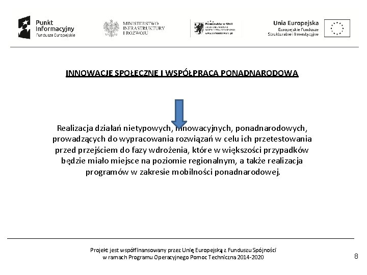 INNOWACJE SPOŁECZNE I WSPÓŁPRACA PONADNARODOWA Realizacja działań nietypowych, innowacyjnych, ponadnarodowych, prowadzących do wypracowania rozwiązań