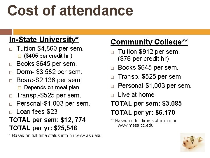 Cost of attendance In-State University* Tuition $4, 860 per sem. � ($405 per credit
