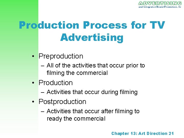 Production Process for TV Advertising • Preproduction – All of the activities that occur Production Process for TV Advertising • Preproduction – All of the activities that occur