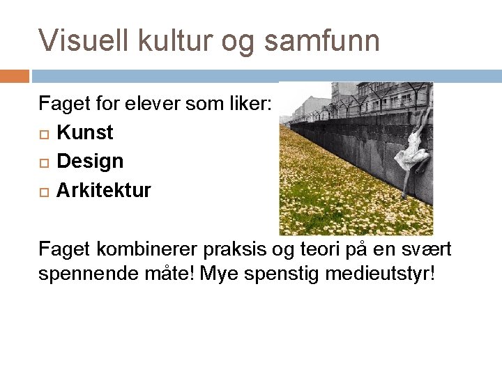 Visuell kultur og samfunn Faget for elever som liker: Kunst Design Arkitektur Faget kombinerer