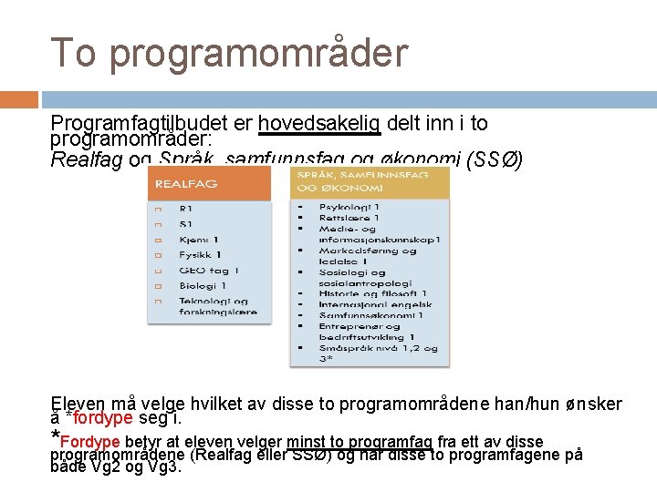 To programområder Programfagtilbudet er hovedsakelig delt inn i to programområder: Realfag og Språk, samfunnsfag