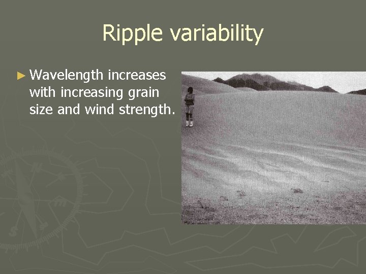 Ripple variability ► Wavelength increases with increasing grain size and wind strength. 